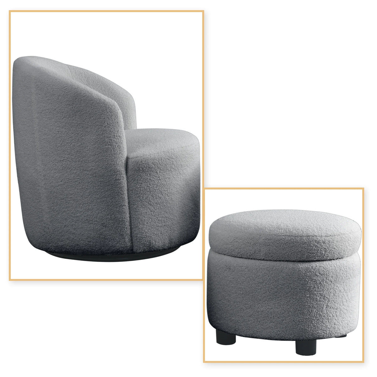Grey Teddy Fabric Upholstered Swivel Barrel Chair with Storage Ottoman U291
