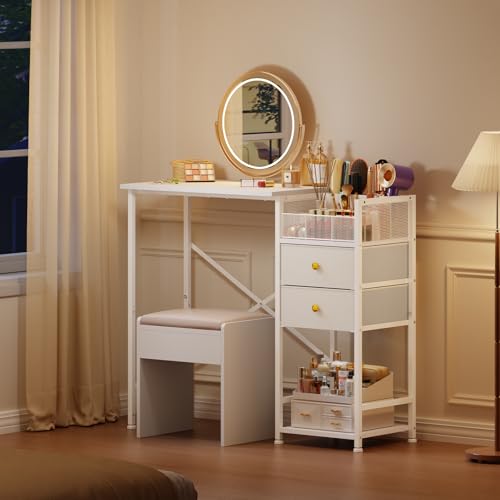 White Vanity Desk with 2 Fabric Drawers, 9 Compartments, Storage Shelves A262095