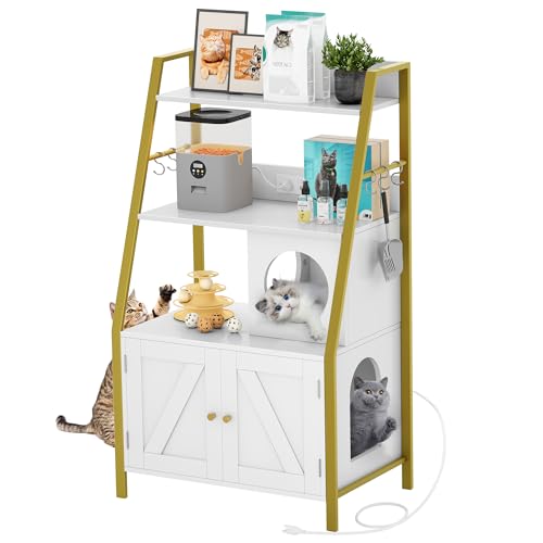 Gold White Wooden Cat Litter Box Enclosure with Shelves M825