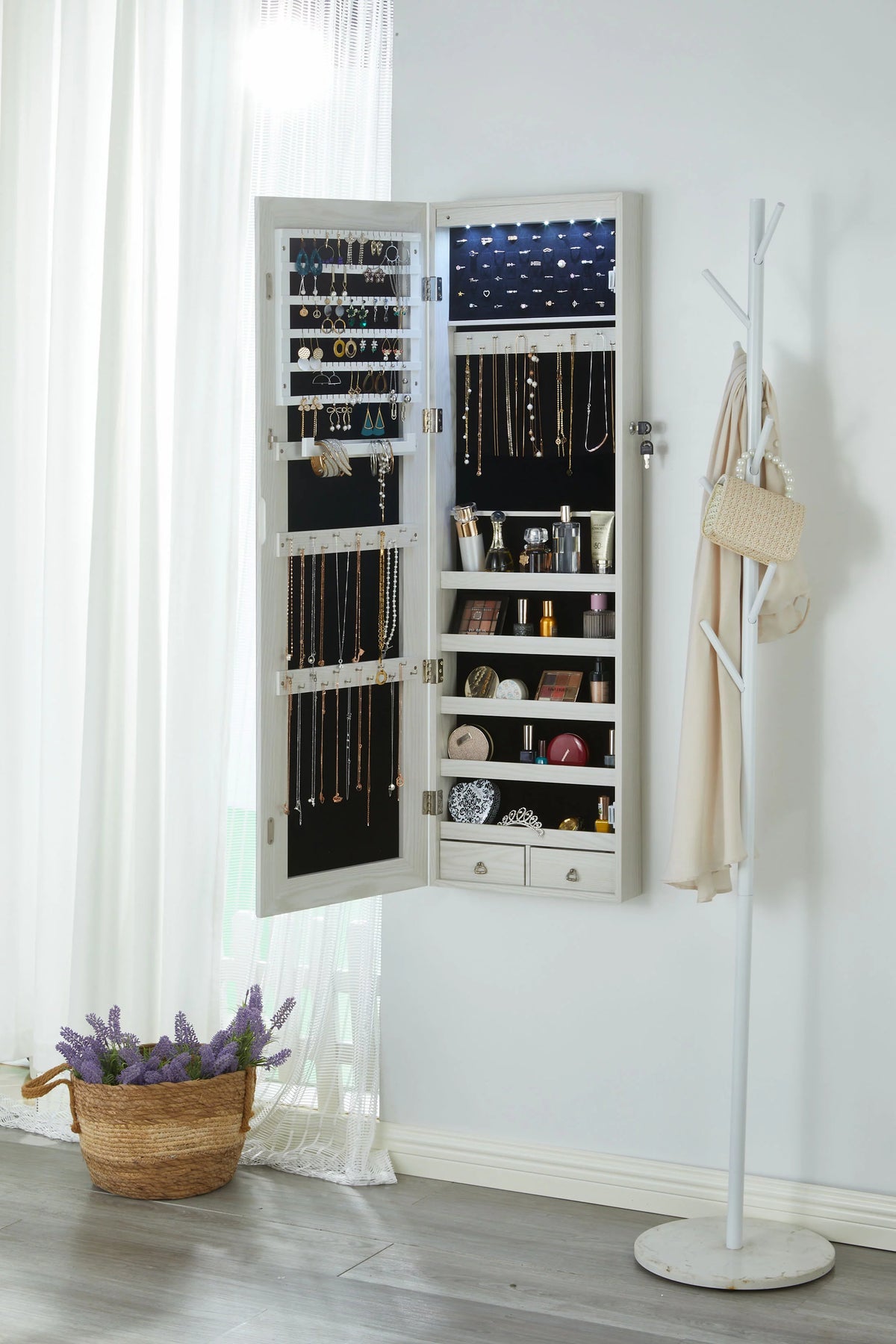 White Wall-Mounted Jewelry Cabinet with LED Lights K238