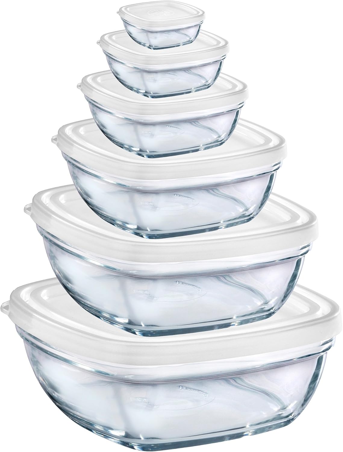Clear Stackable Glass Bowl with White Lid, Set of 6 Y72512