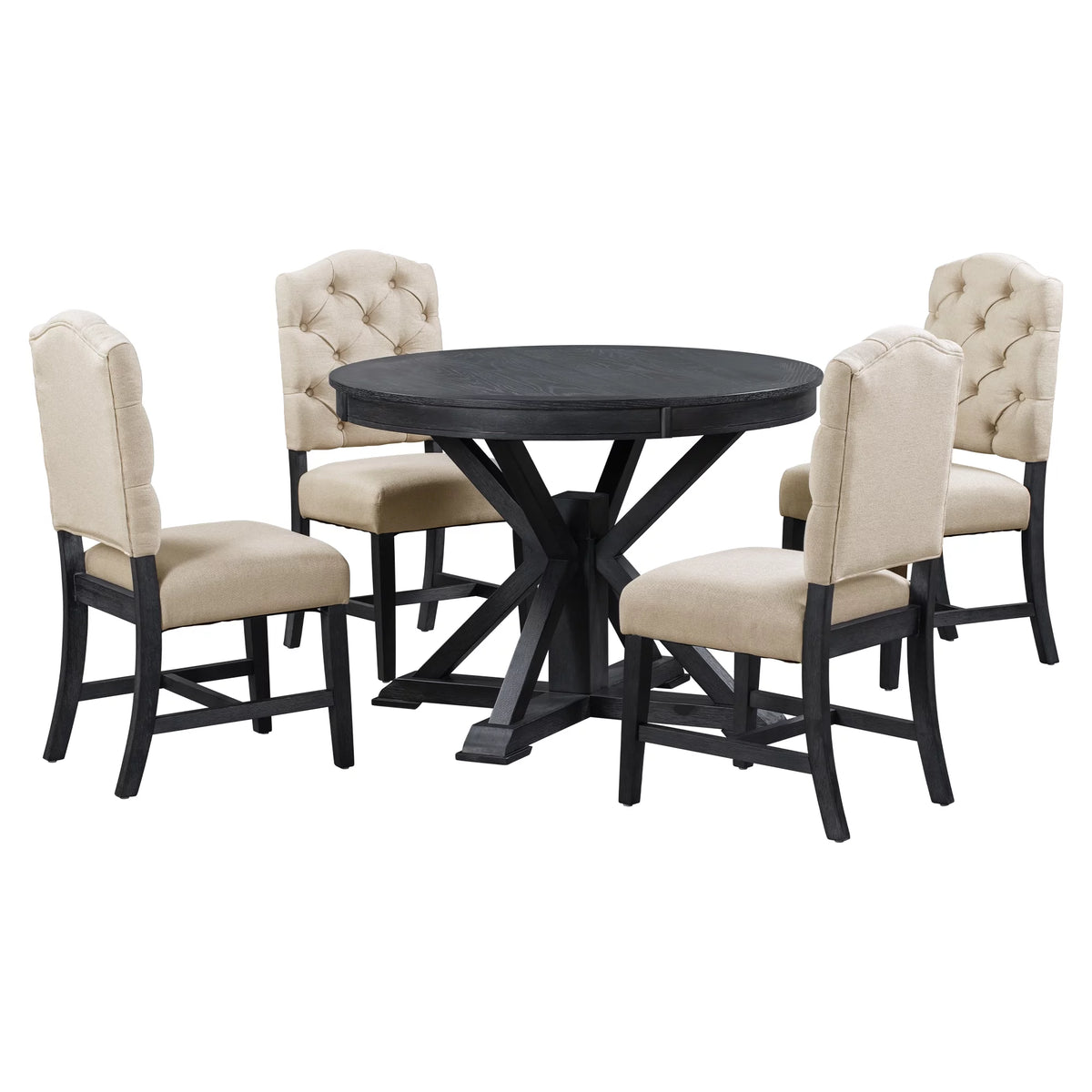 5 Piece Espresso Round Wood Dining Table Set with 4 Upholstered Chairs Y500225