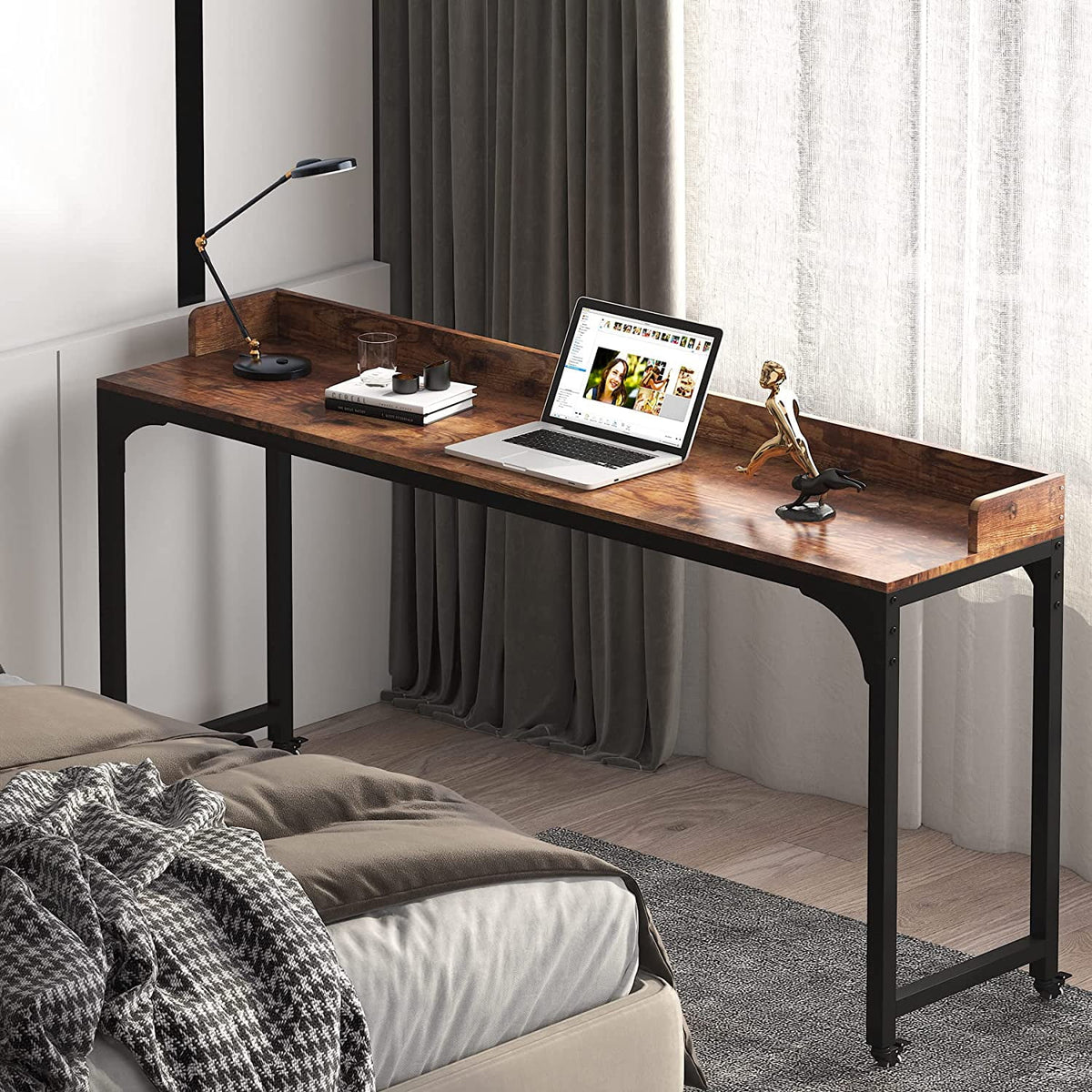 Brown Overbed Table with Wheels 70.8"L Queen Size Mobile Desk with Metal Legs E9628