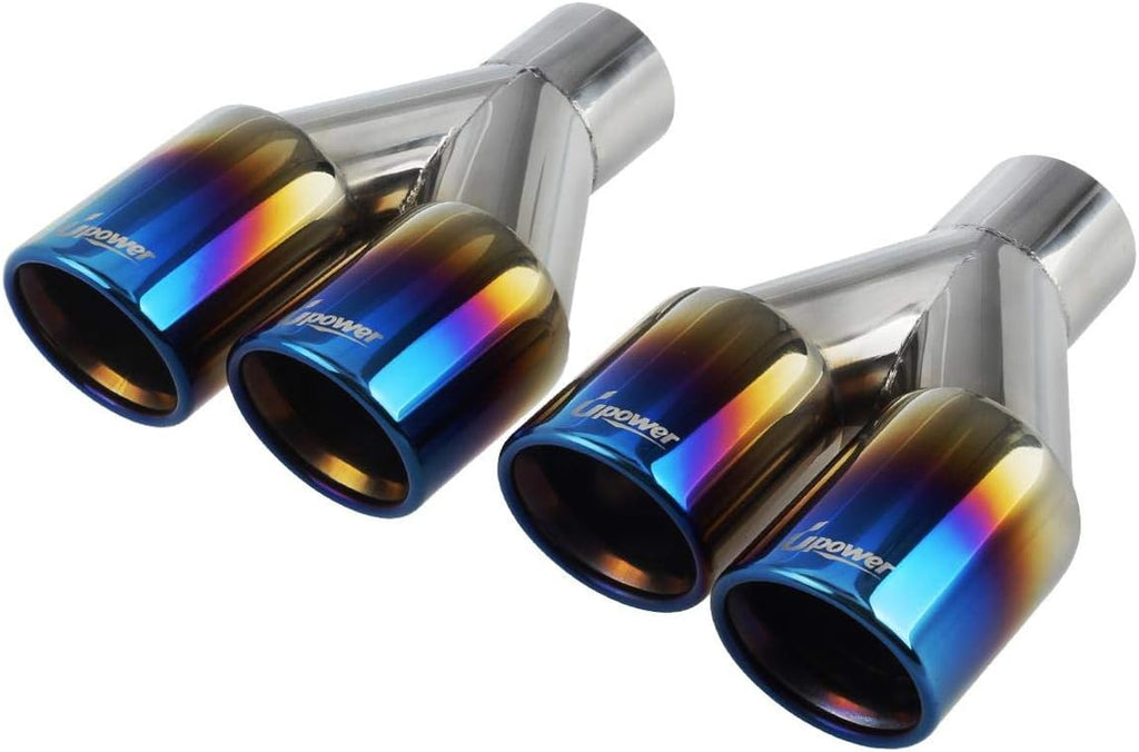 Dual Exhaust Tips 2.25 inch inlet 3 inch outlet 9.2" Long Blue 304 Polished Stainless Steel Weld on Exhaust Tailpipe Tips Pack of 2 O949780