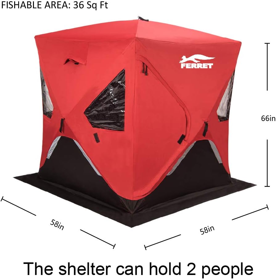 Red 1-2 Person 58X58X66 Waterproof Pop-up Ice Shelter Tent with Carrier Bag X772744