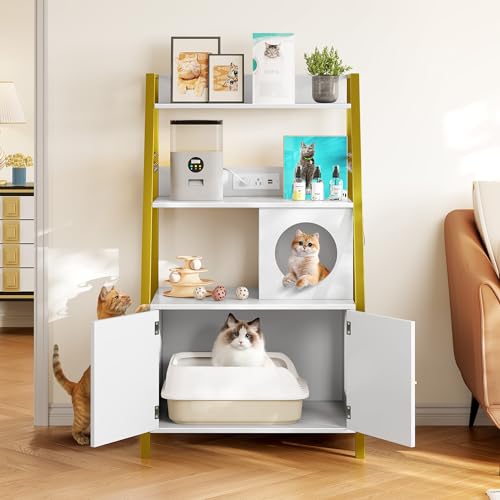 Gold White Wooden Cat Litter Box Enclosure with Shelves M825