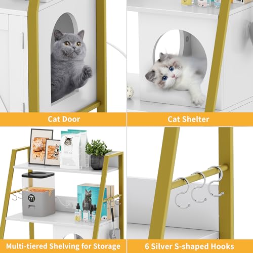 Gold White Wooden Cat Litter Box Enclosure with Shelves M825