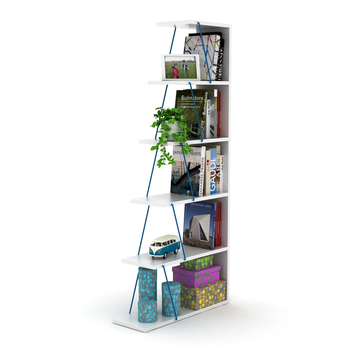 Chrome-White 5-Shelf Angled Bookcase M723595