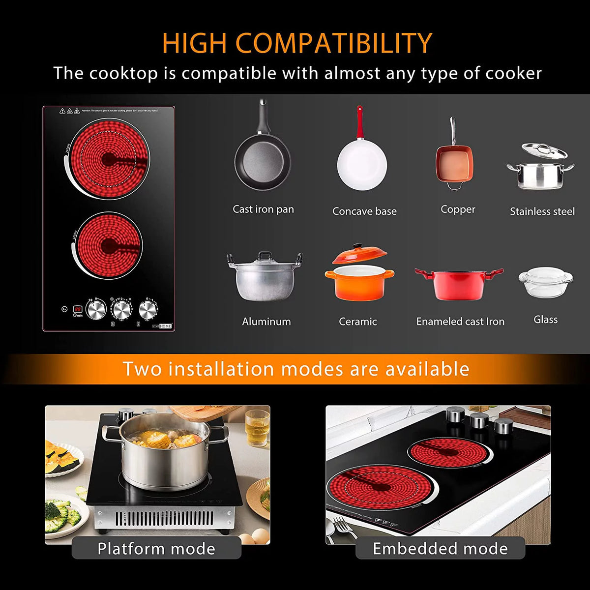 Electric Cooktop 2 Burner 220V Built-in Stove Top 11.5 Inch 3400W S551627