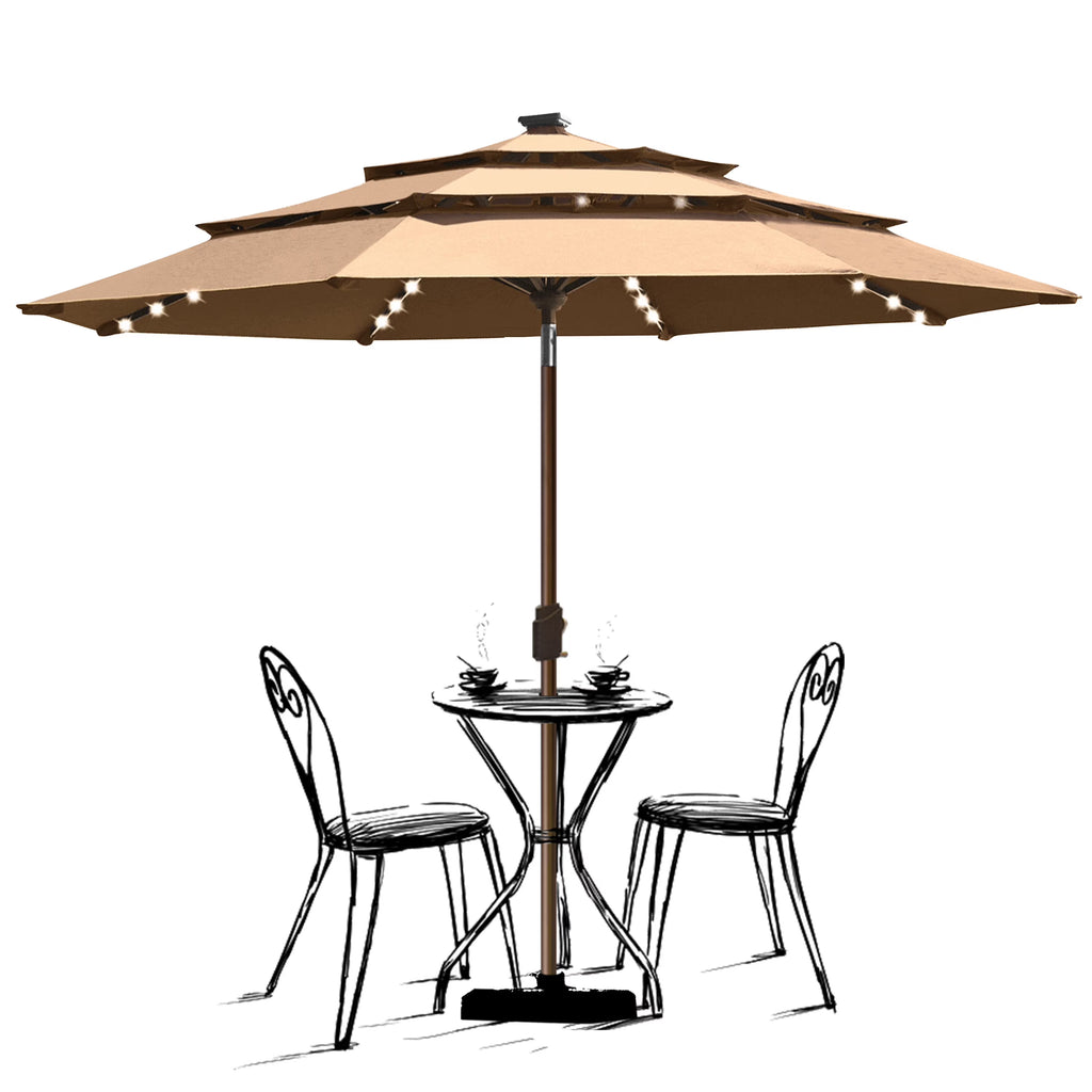 Tan 9ft 3 Tiers Market Umbrella with 80 LED Lights V6070