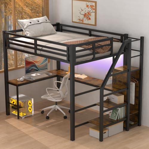 Full Size Metal Loft Bed with Desk and Wardrobe B732