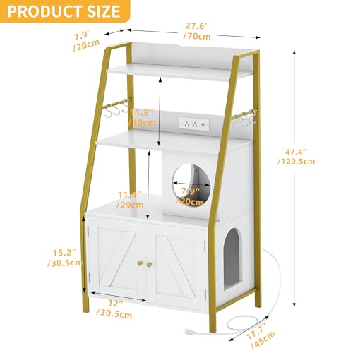 Gold White Wooden Cat Litter Box Enclosure with Shelves M825