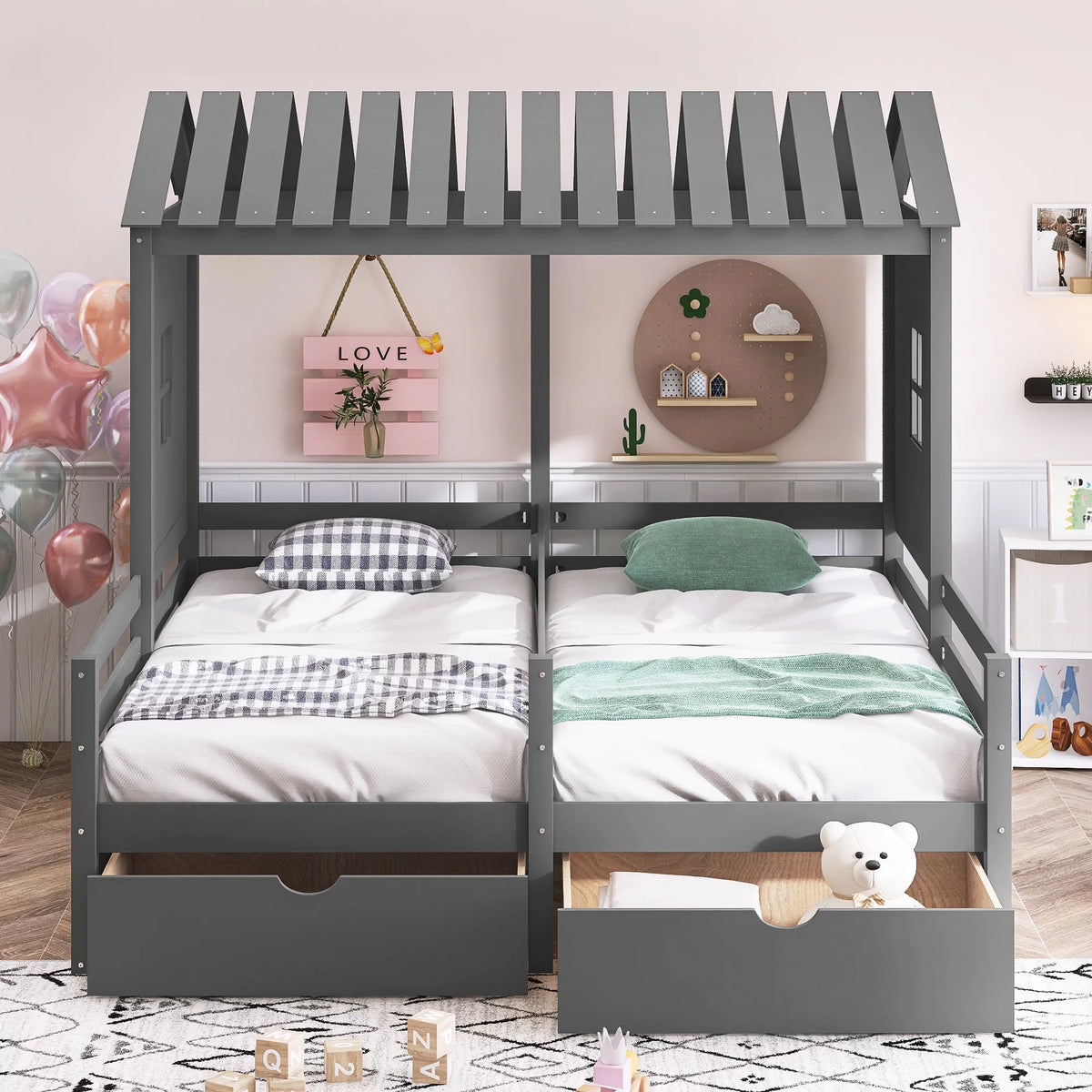 Twin Size House Platform Bed with Two Drawers P719