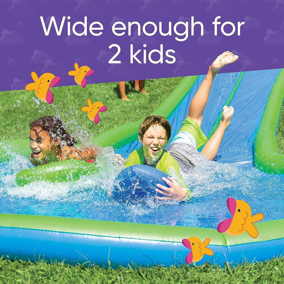 Extra Long 25-Foot Double Lane Water Slide with Sprinkler and Splash Pool F2834