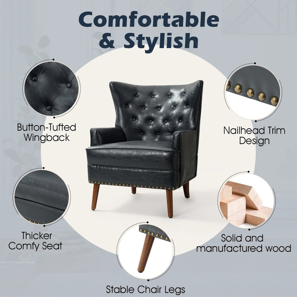 Navy Vegan Leather Wingback Armchair Set of 2 R5769