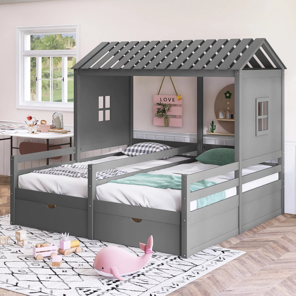 Twin Size House Platform Bed with Two Drawers P719
