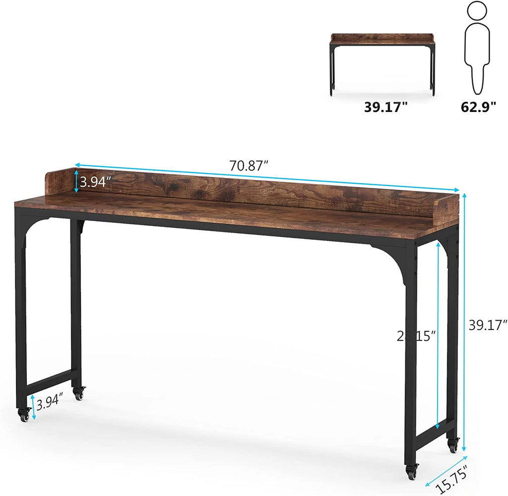 Brown Overbed Table with Wheels 70.8"L Queen Size Mobile Desk with Metal Legs E9628