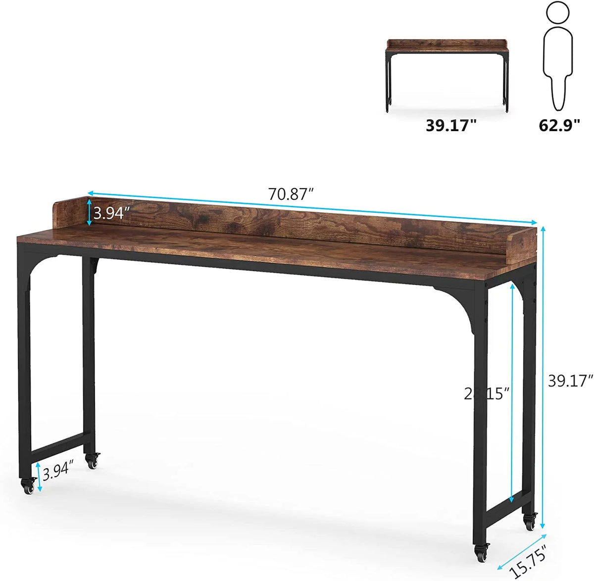 Brown Overbed Table with Wheels 70.8"L Queen Size Mobile Desk with Metal Legs E9628