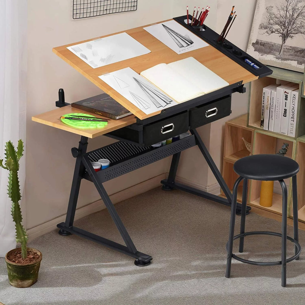 Height Adjustable Drafting Table with 2 Storage Drawers and Stool L86986