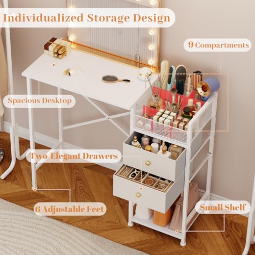 White Vanity Desk with 2 Fabric Drawers, 9 Compartments, Storage Shelves A262095