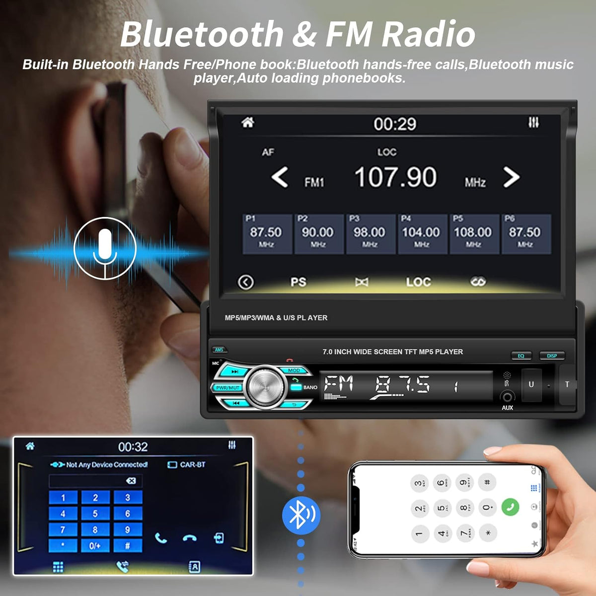 Single Din Car Stereo with Carplay Android Auto 7 Inch Touch Screen L5910