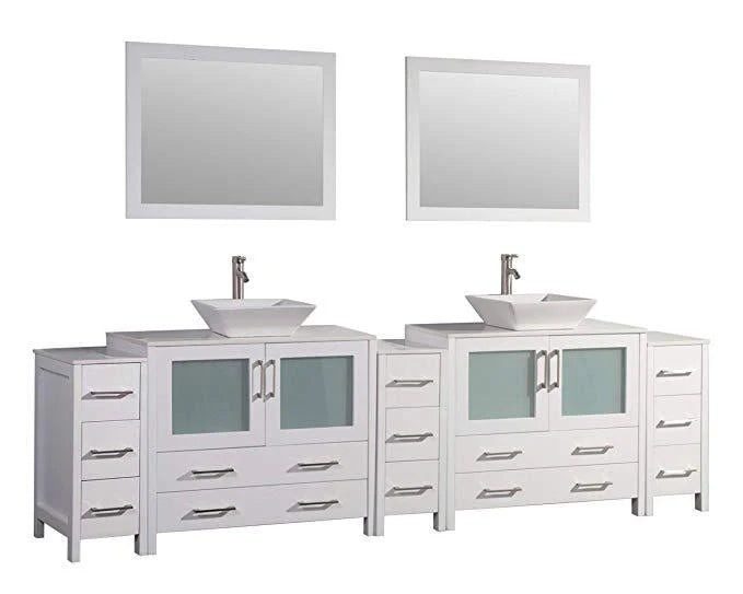 108 in. White Double Sink Vanity Cabinet with Ceramic Vessel Sink & Mirror Y305