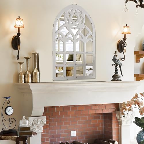 White Arched Wood Framed Window Mirror 23.6"x38"x1.2" Z9958