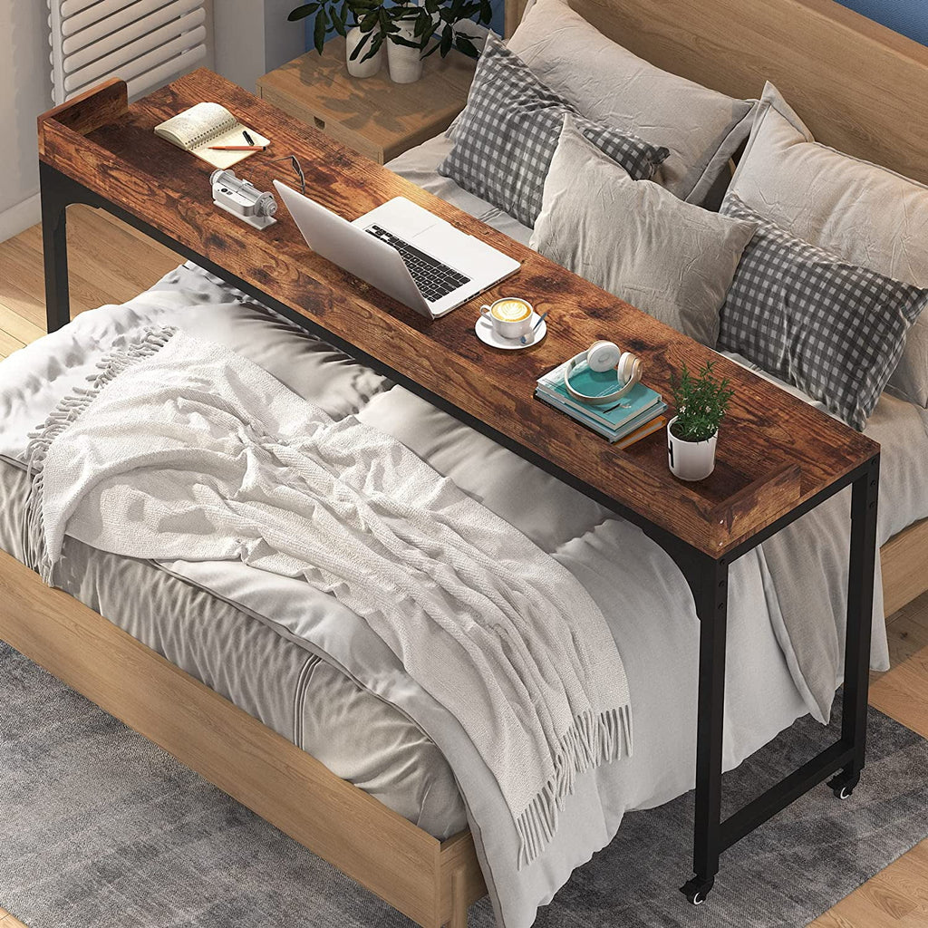 Brown Overbed Table with Wheels 70.8"L Queen Size Mobile Desk with Metal Legs E9628