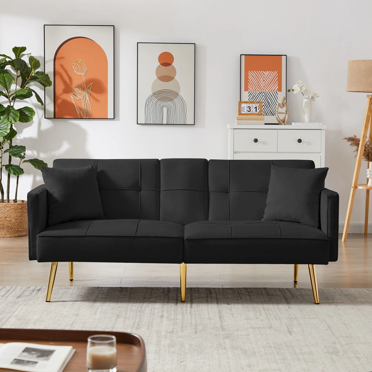 Convertible Sofa Bed Velvet Metal Legs Cream White B33474
