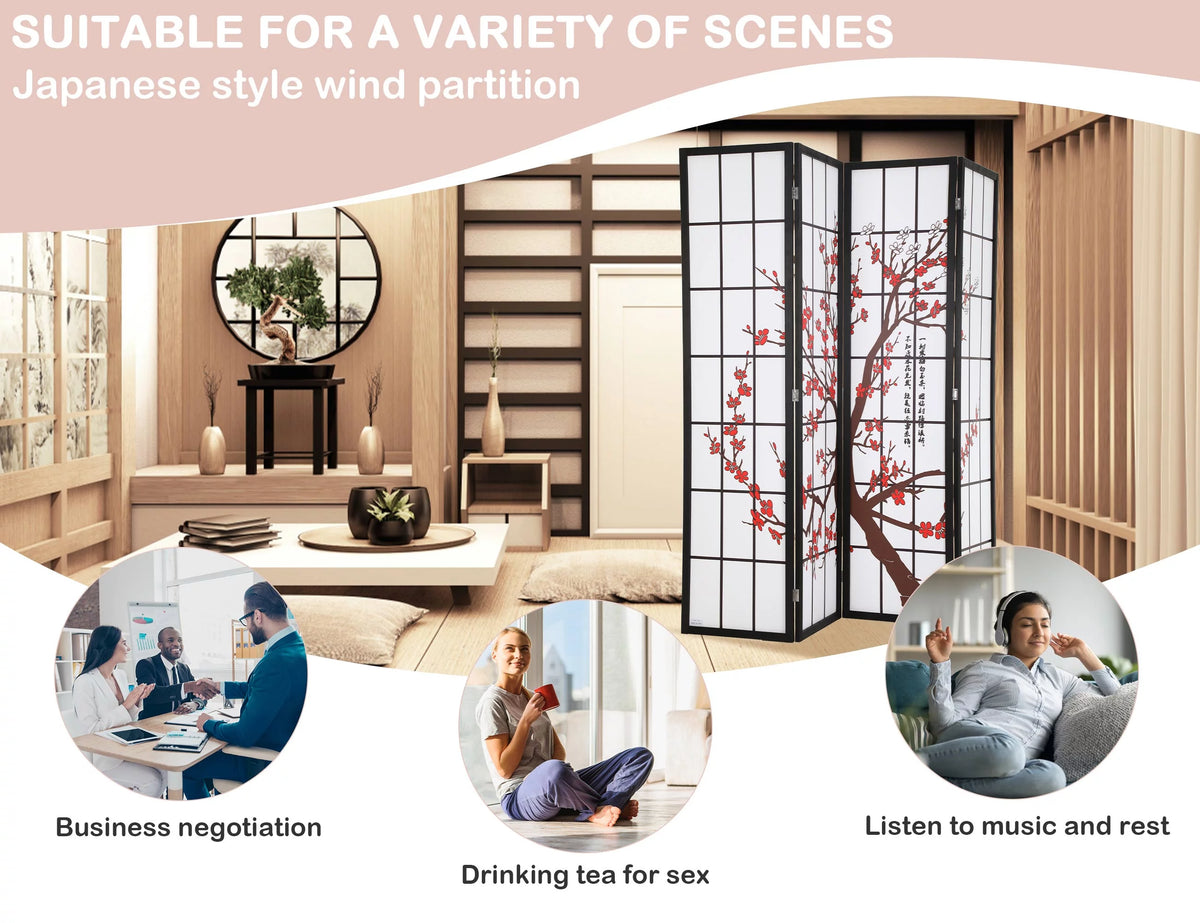 4 Panel 6Ft Wood Folding Privacy Screen U57778