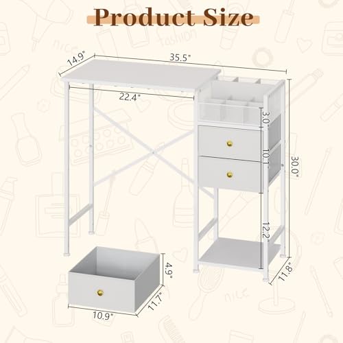 White Vanity Desk with 2 Fabric Drawers, 9 Compartments, Storage Shelves A262095