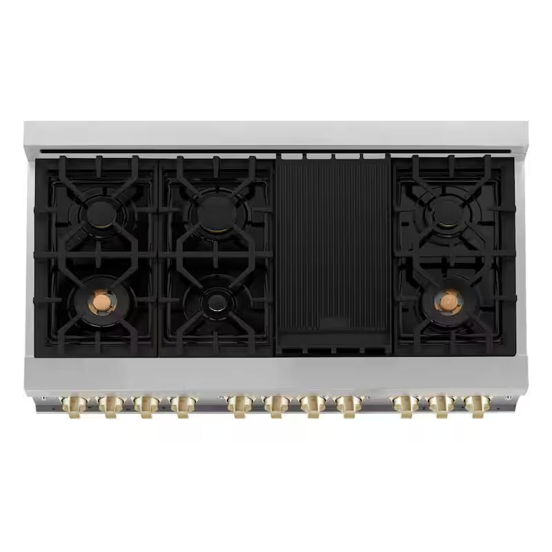 48 in. 7 Burner Double Oven Dual Fuel Range in Stainless Steel and Polished Gold S248