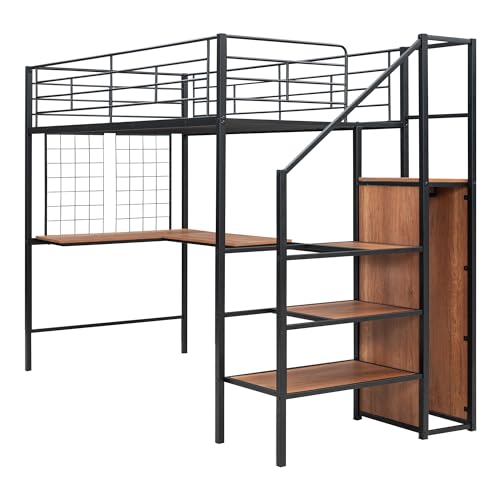 Twin Size Black Metal Loft Bed with Wardrobe and L-Shape Desk V31870