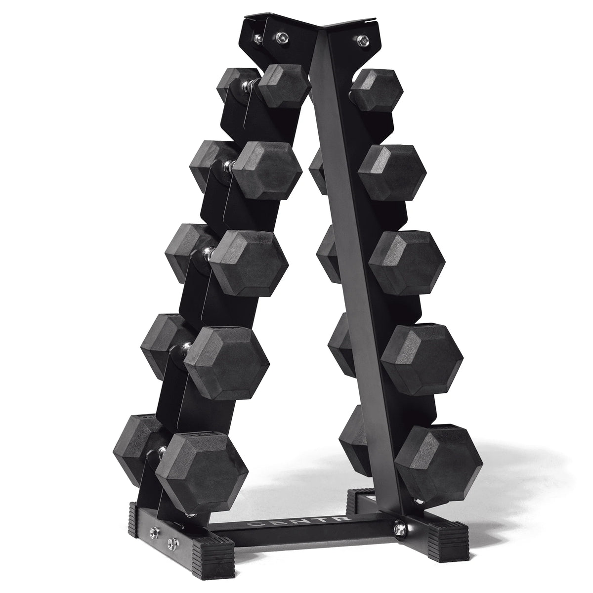 150 lb Rubber Hex Dumbbell Set with Rack J4250