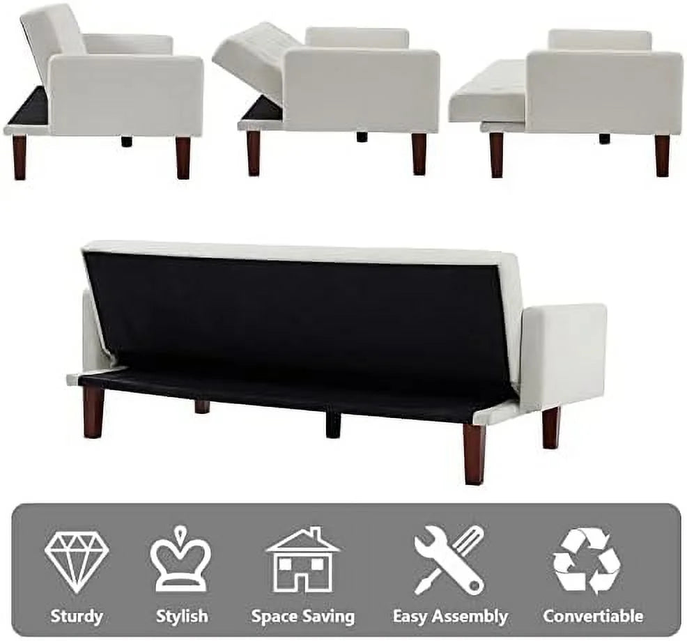 Grey Linen Upholstered Futon Sofa Bed 74" Tufted 3 Seater Q330