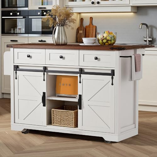 White Farmhouse Kitchen Island with Power Outlet, 2 Sliding Barn Door Storage, Drop Leaf, 3 Drawers, Rolling Cart on Wheels I278445