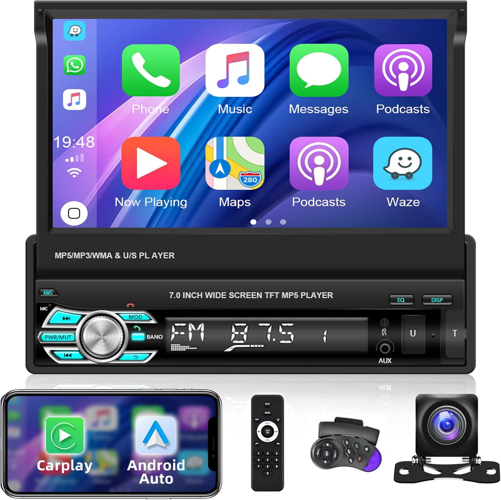 Single Din Car Stereo with Carplay Android Auto 7 Inch Touch Screen L5910