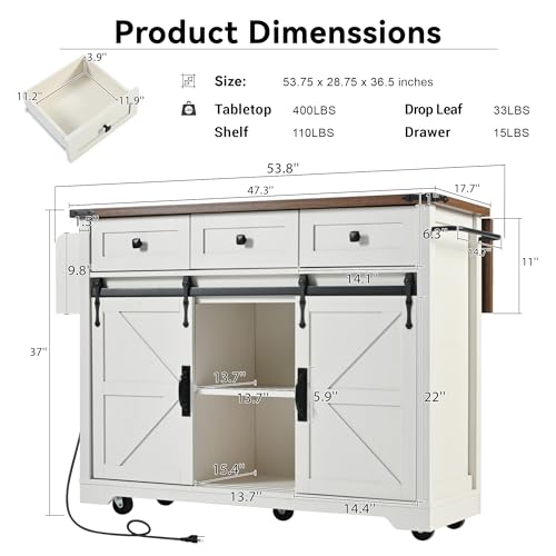 White Farmhouse Kitchen Island with Power Outlet, 2 Sliding Barn Door Storage, Drop Leaf, 3 Drawers, Rolling Cart on Wheels I278445