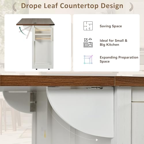 White Farmhouse Kitchen Island with Power Outlet, 2 Sliding Barn Door Storage, Drop Leaf, 3 Drawers, Rolling Cart on Wheels I278445