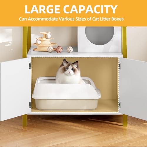 Gold White Wooden Cat Litter Box Enclosure with Shelves M825