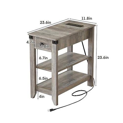 Set of 2 Narrow Side Table with Charging Station and Storage Drawer Rustic Grey N7894