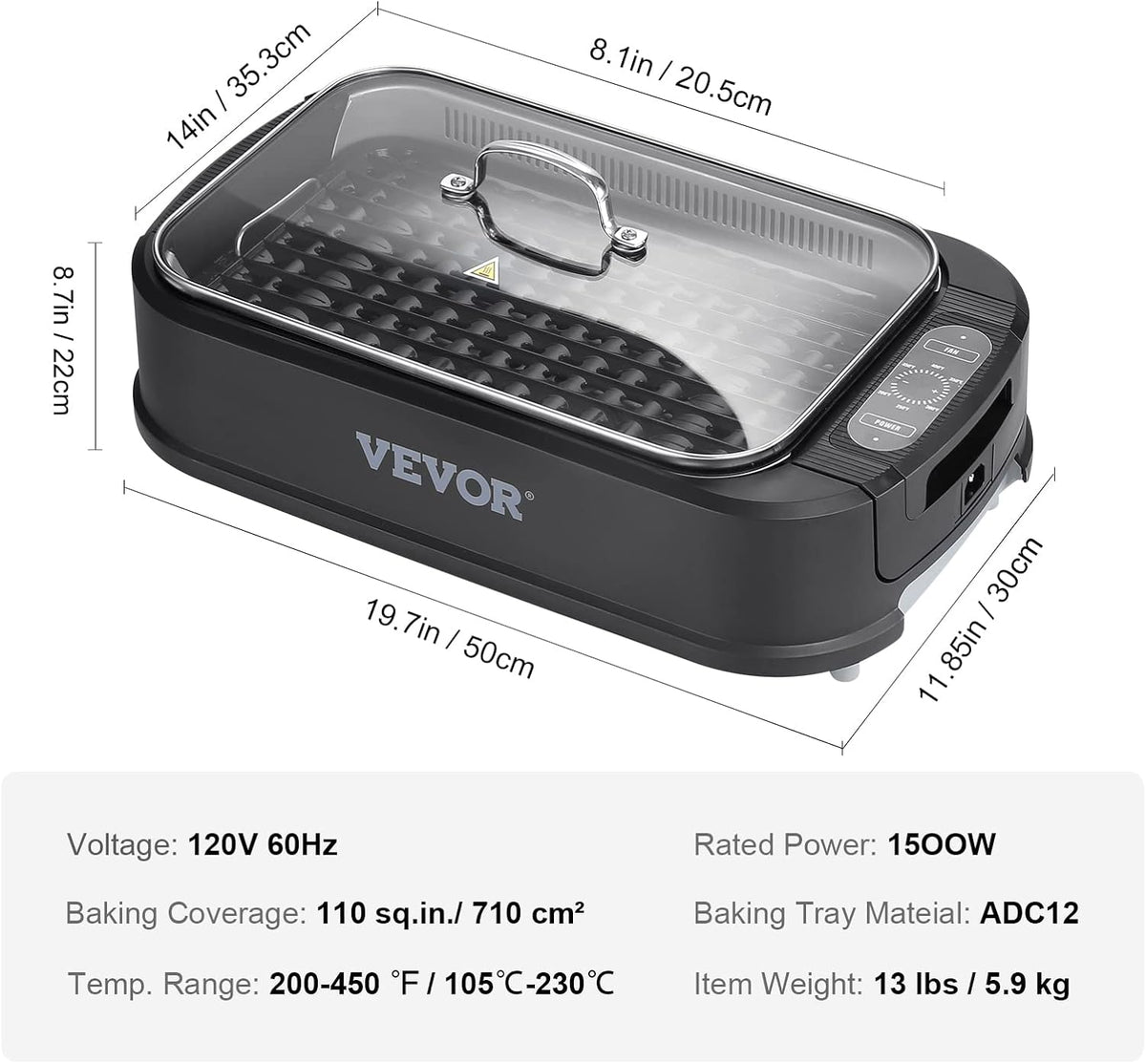 110 sq.in 1500W Electric Non-Stick Smokeless Indoor Grill H4829
