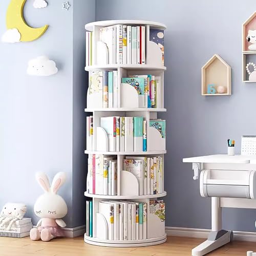 5 Tier White Solid Wood Rotating Bookshelf U63121