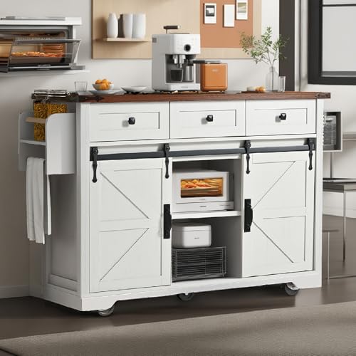 White Farmhouse Kitchen Island with Power Outlet, 2 Sliding Barn Door Storage, Drop Leaf, 3 Drawers, Rolling Cart on Wheels I278445