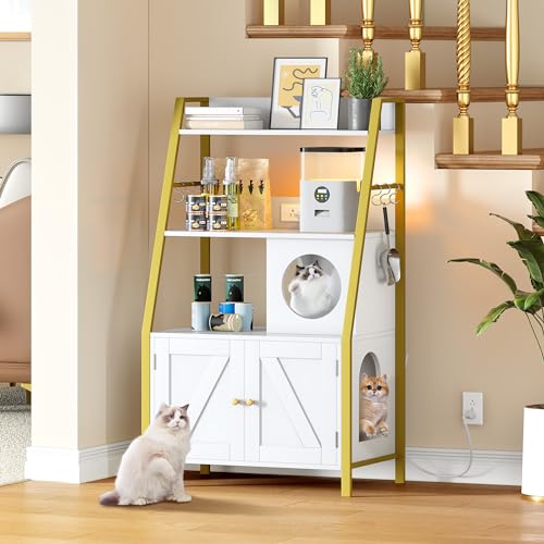 Gold White Wooden Cat Litter Box Enclosure with Shelves M825