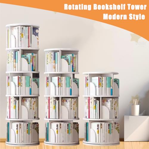 5 Tier White Solid Wood Rotating Bookshelf U63121