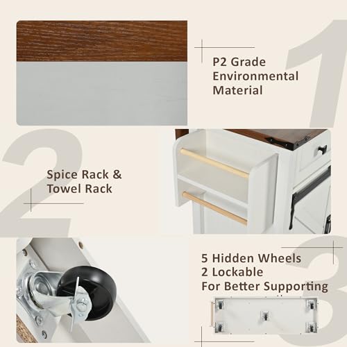 White Farmhouse Kitchen Island with Power Outlet, 2 Sliding Barn Door Storage, Drop Leaf, 3 Drawers, Rolling Cart on Wheels I278445