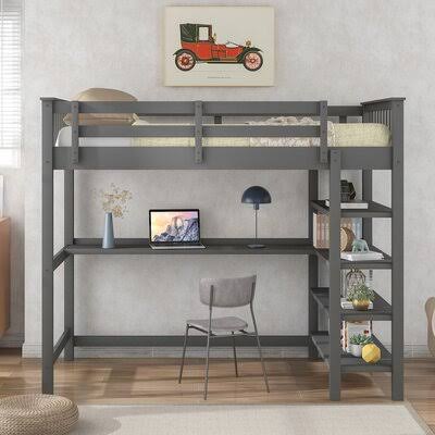 Twin Loft Bed with Bookcase and Built-in-Desk Q233