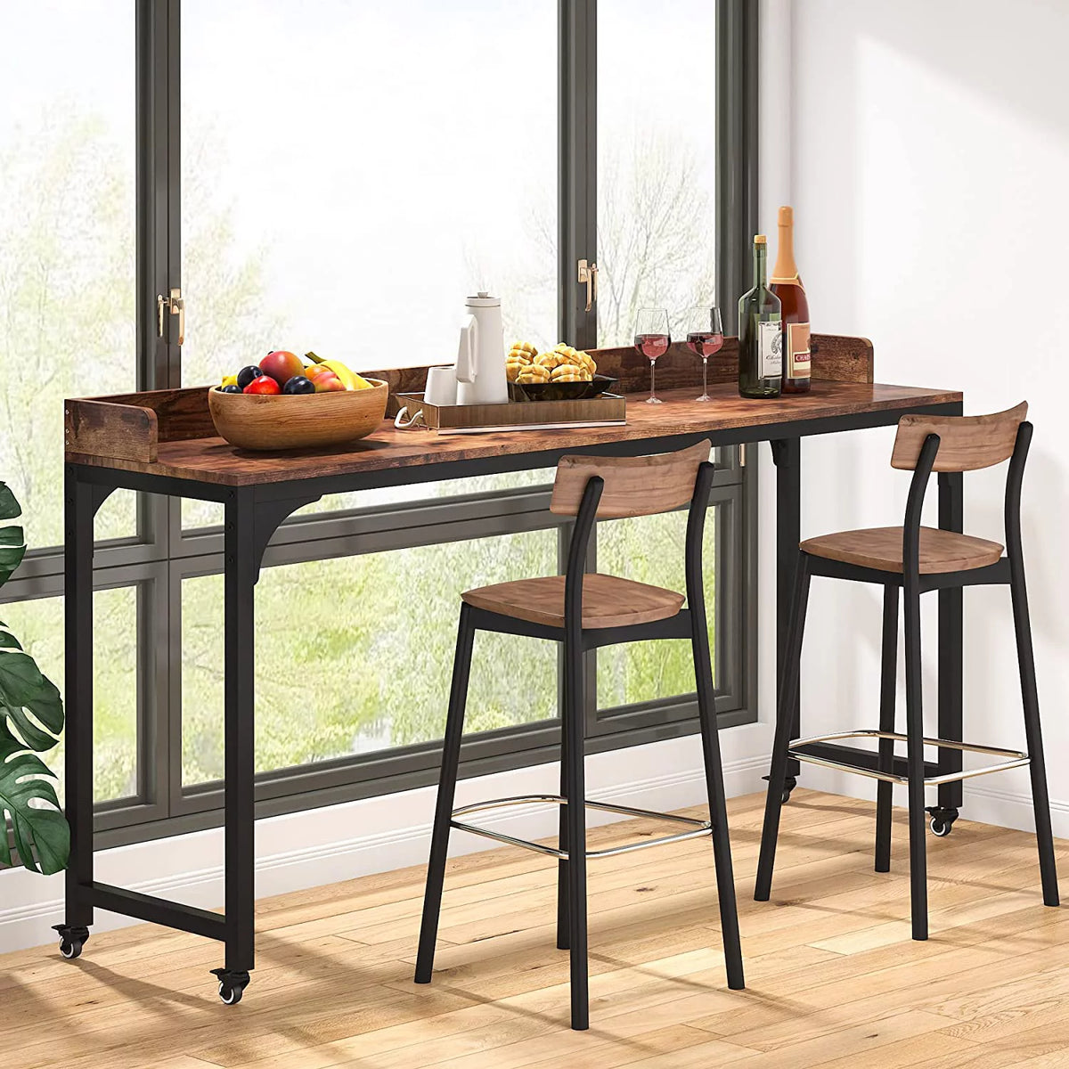 Brown Overbed Table with Wheels 70.8"L Queen Size Mobile Desk with Metal Legs E9628