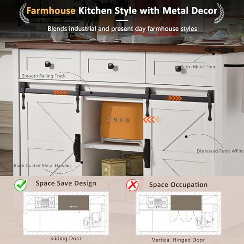 White Farmhouse Kitchen Island with Power Outlet, 2 Sliding Barn Door Storage, Drop Leaf, 3 Drawers, Rolling Cart on Wheels I278445